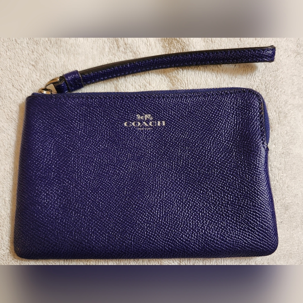Like New Authentic Coach Royal Purple with Silver Corner Zip Wristlet